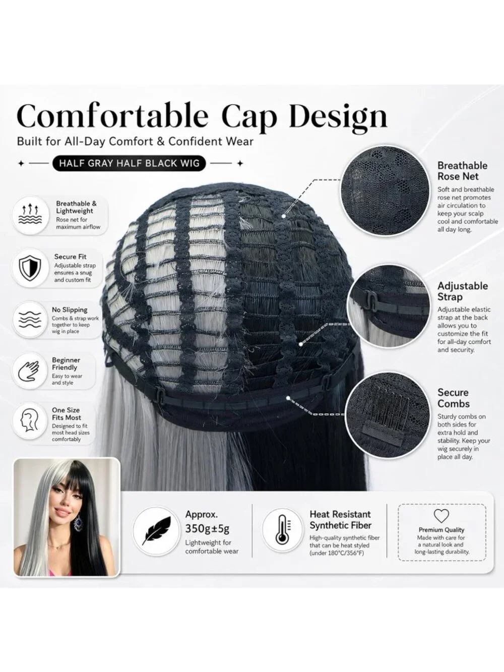 Women's Grey Black 26 Inch Heat Resistant Synthetic Long Straight Wigs Bangs